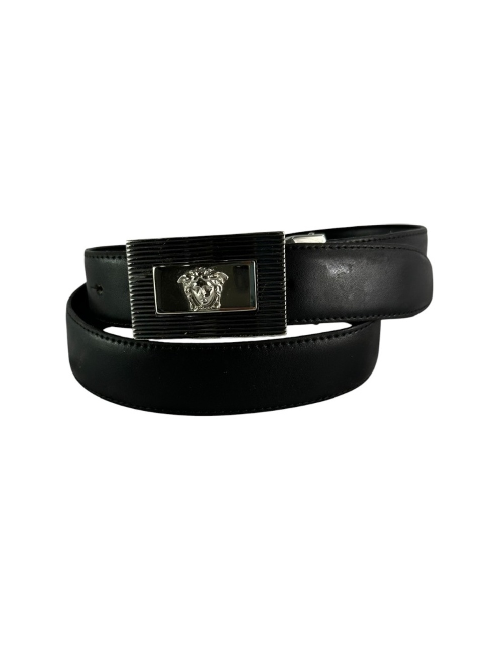 Genuine 90s GIANNI VERSACE Black Leather Belt Silver Buckle Medusa Logo 34
